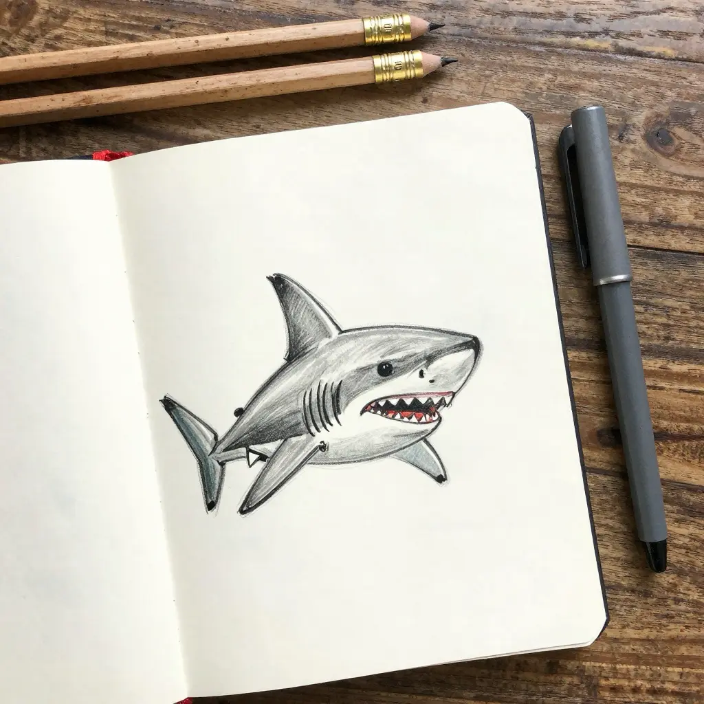 Pencil shark sketch in open sketchbook on a wooden table, detailed shark illustration with sharp teeth, pencils and pen nearby