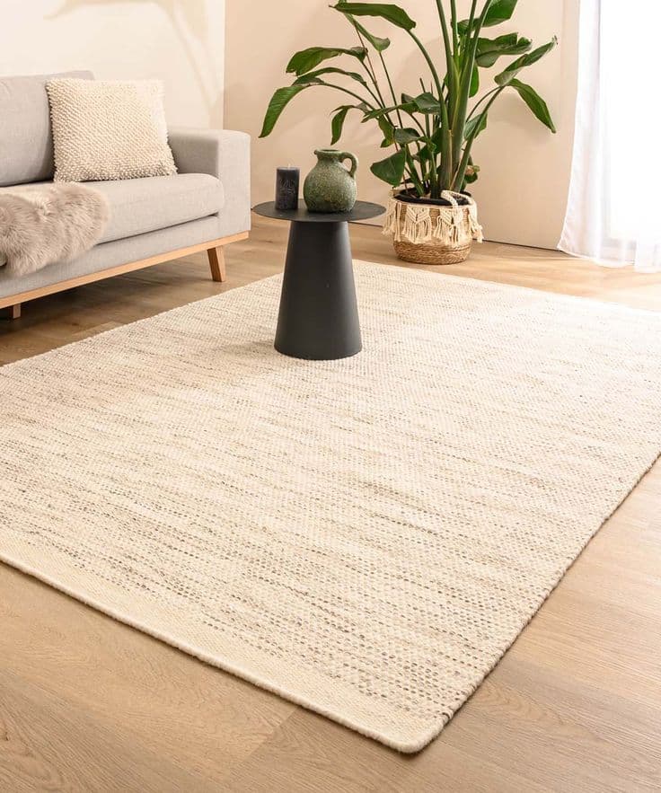 Modern living room with beige rug, gray sofa, black side table, and large green plant. Cozy and stylish home decor.
