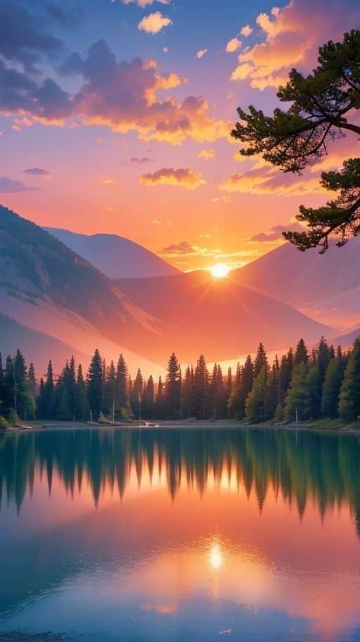 Vibrant sunset over serene mountain lake with trees and colorful sky reflected in the water.