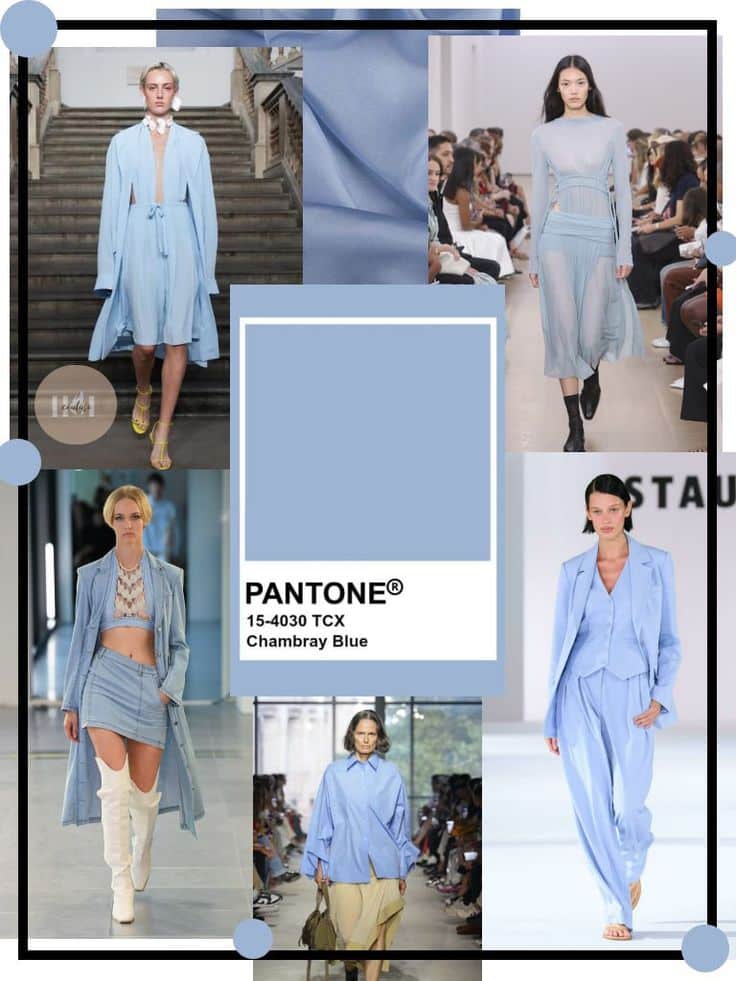 _ 74 Fashion models in Chambray Blue outfits on the runway, showcasing Pantone 15-4030 TCX, a trending color for 2024. | Sky Rye Design Fashion models in Chambray Blue outfits on the runway, showcasing Pantone 15-4030 TCX, a trending color for 2024.