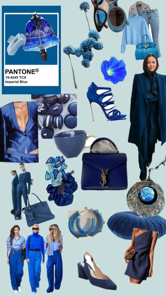 Collage featuring Pantone Imperial Blue fashion items, accessories, and decor, showcasing style trends and color variation.