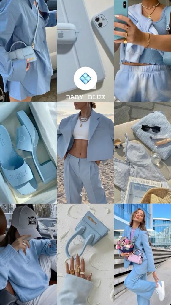 Collage of baby blue fashion items including suits, bags, shoes, and accessories with elegant styling and chic vibes.
