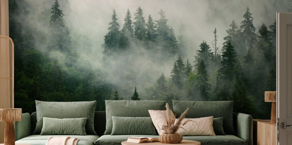 Cozy living room with green sofa, nature mural, and misty forest backdrop. Perfect tranquil interior design.