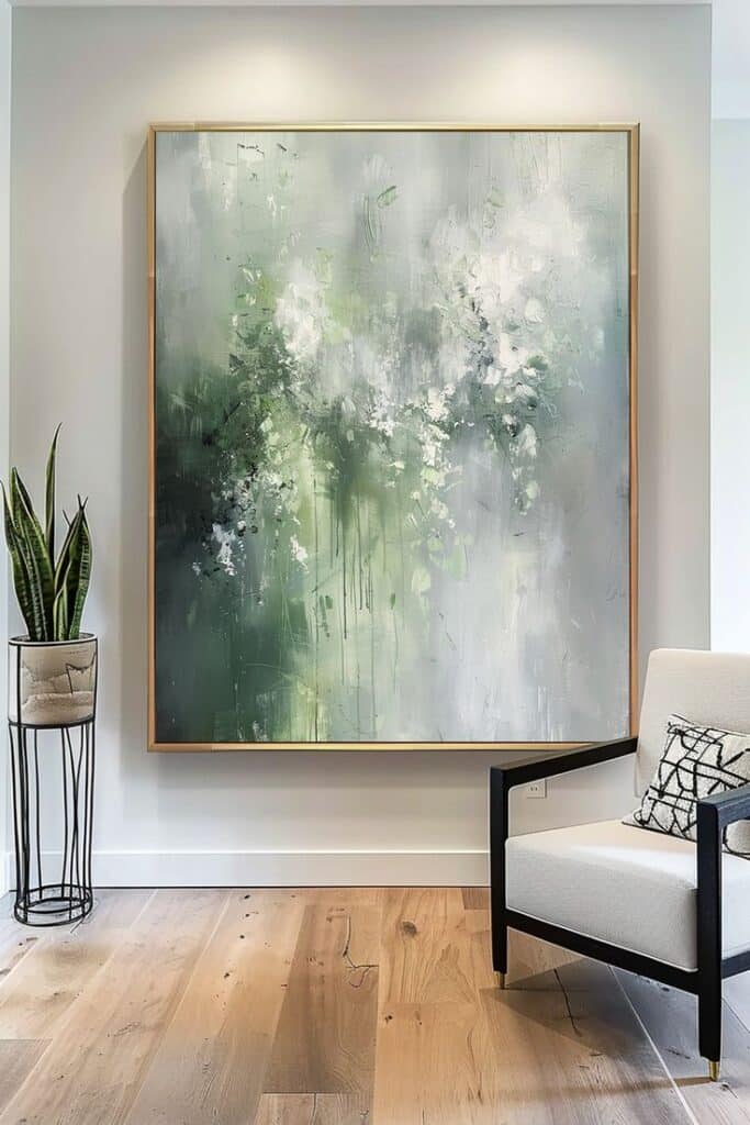 Abstract green and white painting in modern living room with potted plant and cozy white armchair.