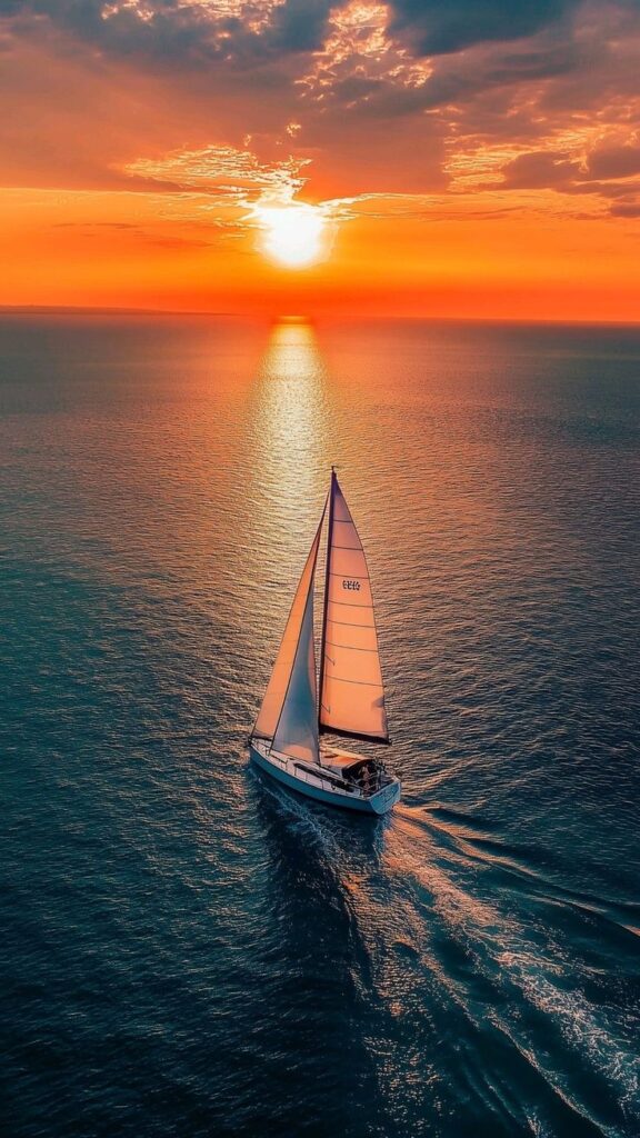 Sailboat gliding on ocean under stunning sunset, casting warm reflections on the water's surface.
