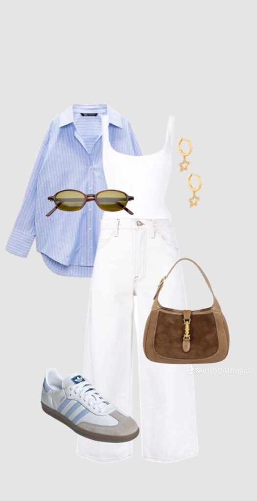 Casual outfit with blue shirt, white tank and jeans, sunglasses, gold earrings, sneakers, and brown handbag.