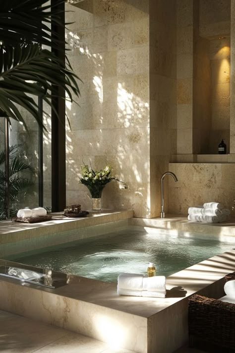 Luxurious stone-tiled spa bath with natural light and plants creating a serene and relaxing atmosphere.