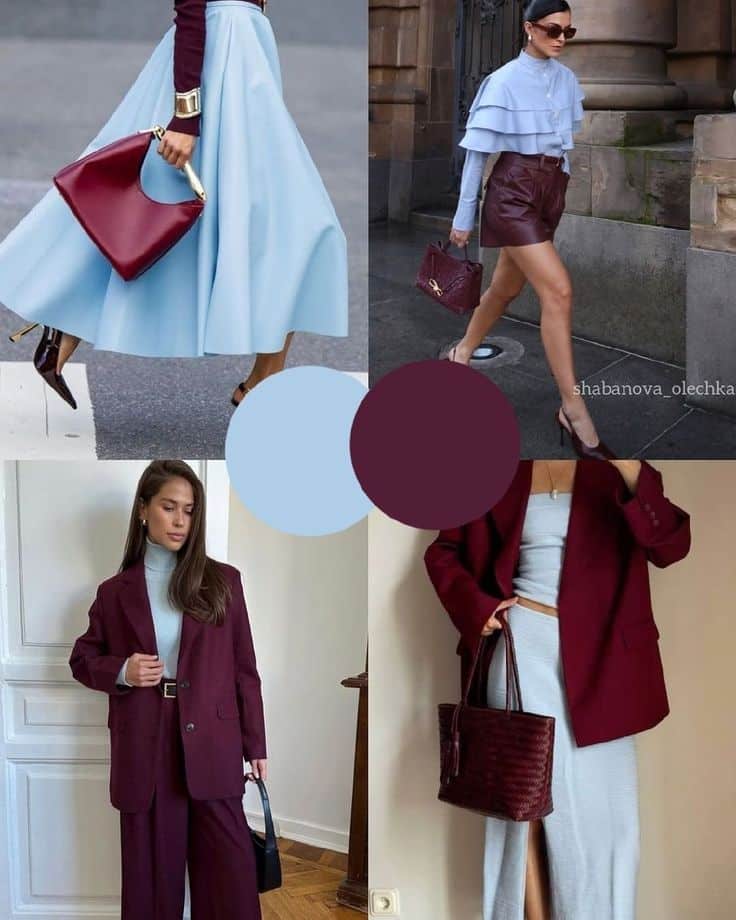 Fashion collage featuring burgundy and light blue outfits with skirts, blazers, and stylish accessories.