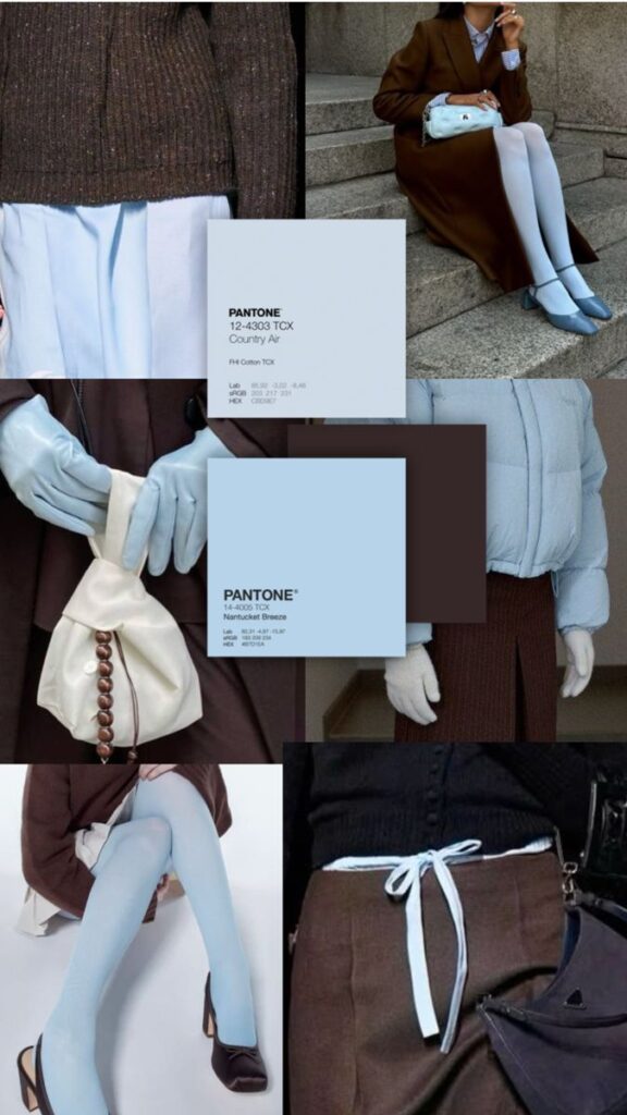 Fashion collage with pantone swatches, blue gloves, brown coat, blue tights, and chic accessories on display.