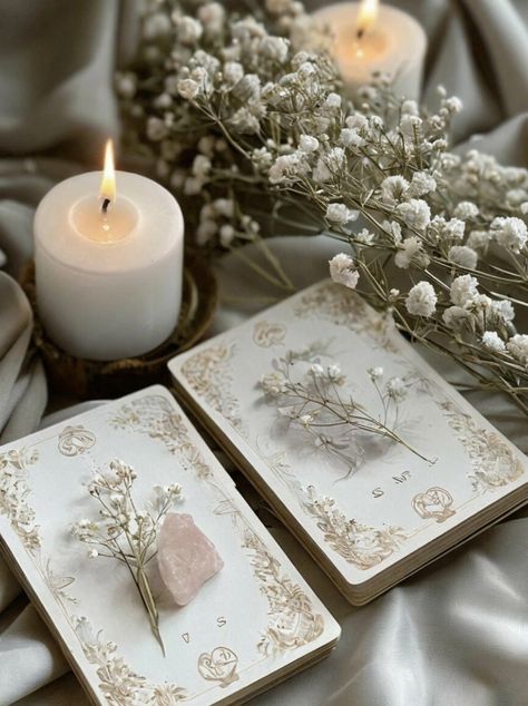 Lit candle with tarot cards, white flowers, and rose quartz on satin fabric, creating an ambiance for meditation.