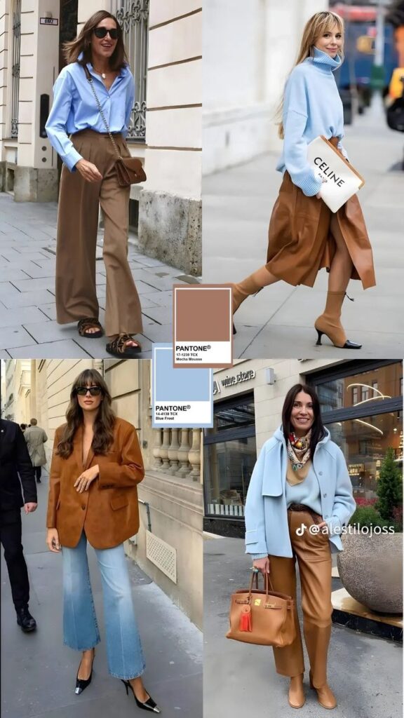 Fashionable street style with blue and brown outfits, showcasing Pantone colors Mocha Mousse and Blue Frost.