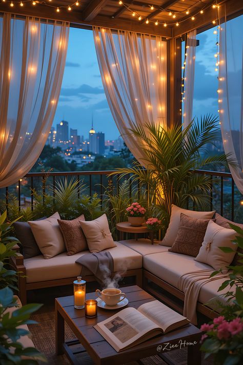 Cozy evening balcony with string lights, city view, and comfy seating. Perfect for relaxation and quiet reading moments.
