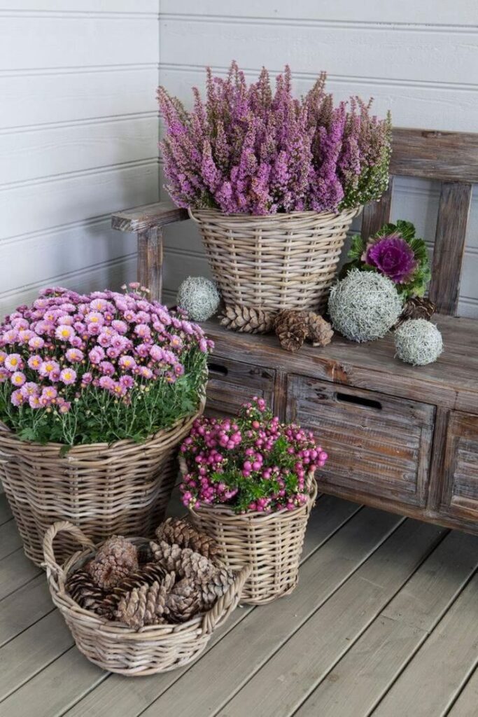 Baskets with purple flowers and pine cones on rustic wooden bench, creating a cozy, natural decor setting.