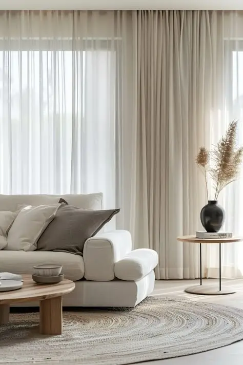 Stylish living room with a white sofa, neutral cushions, round wooden table, and sheer curtains. Modern decor with a vase on a table.