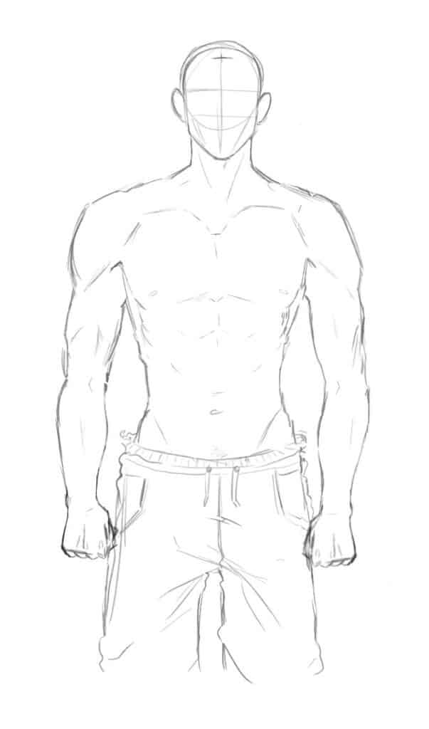 Sketch of a muscular male torso with shorts, showing anatomy lines and proportion guidelines for figure drawing.