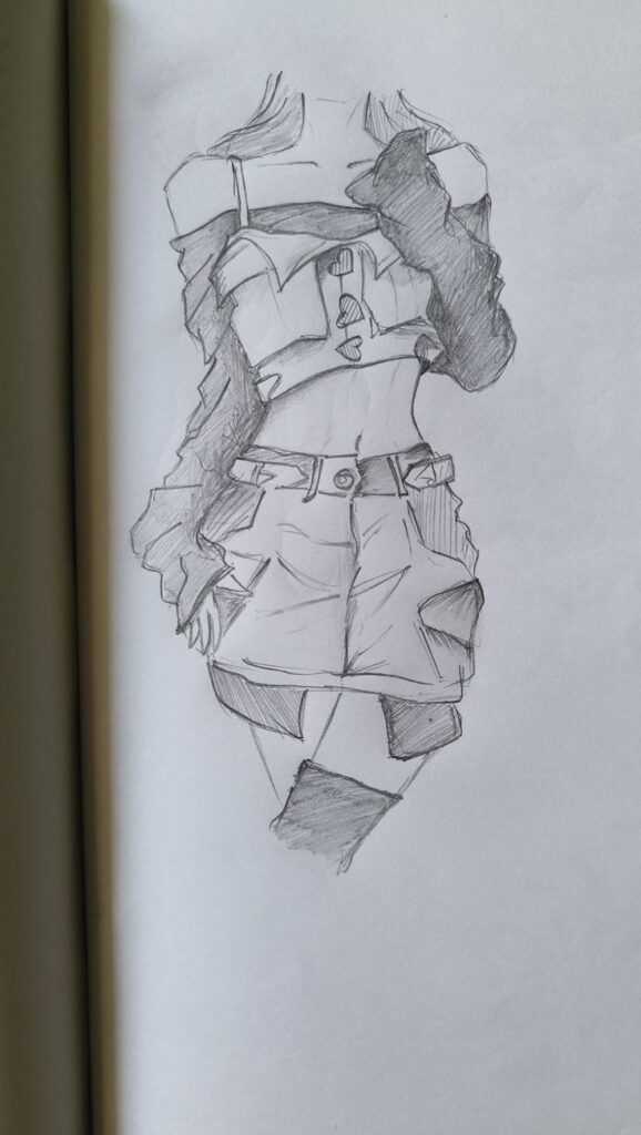 929685509c04de245ac7ca19ef299911 Pencil sketch of a fashionable outfit with shorts, crop top, and gloves, featuring detailed shading and line work. | Sky Rye Design Pencil sketch of a fashionable outfit with shorts, crop top, and gloves, featuring detailed shading and line work.