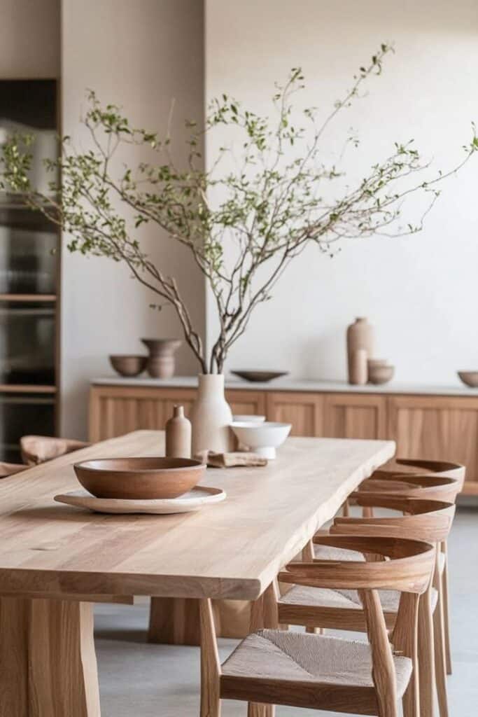 Minimalist dining room with wooden table, chairs, and minimalist decor. Branch centerpiece adds a natural touch.