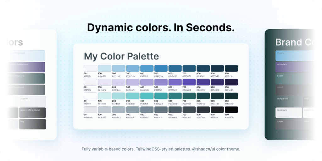 Color palette showcasing dynamic TailwindCSS-styled shades for branding and design efficiency.