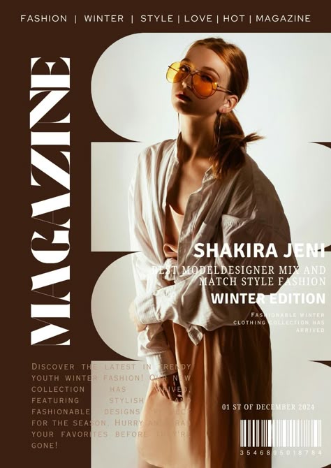 Fashion magazine cover featuring woman in stylish winter attire with sunglasses, promoting latest seasonal trends.