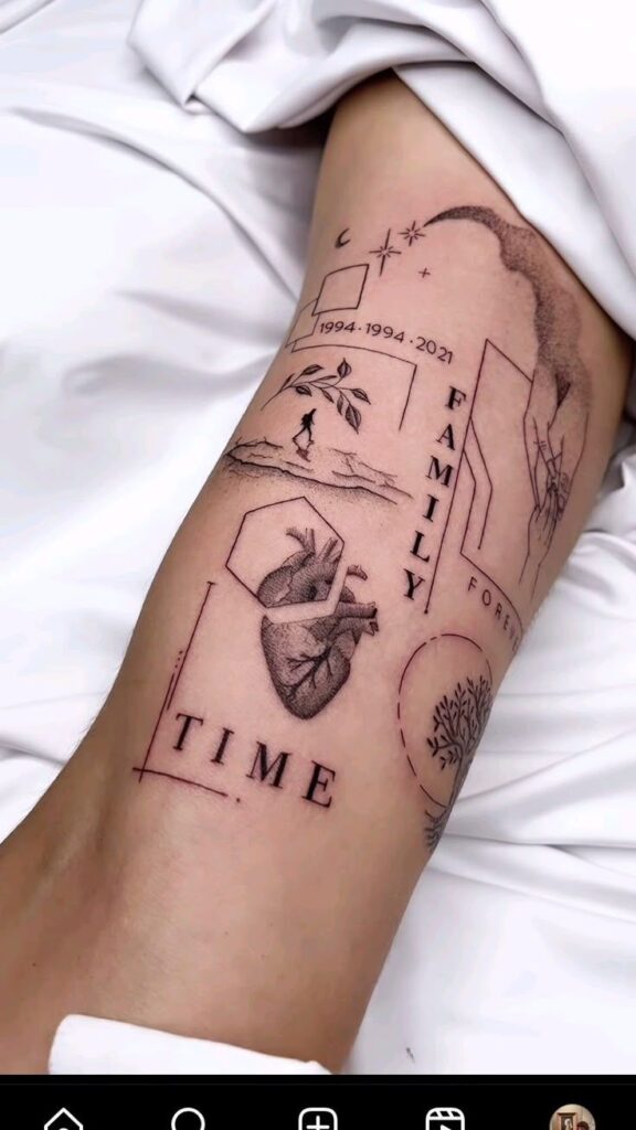 Minimalist tattoo with heart, tree, and walk design, featuring “TIME” and “FAMILY” themes on skin.