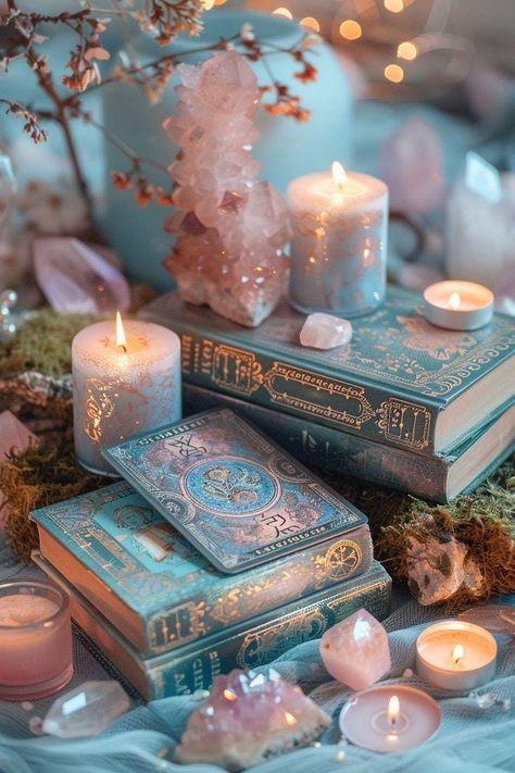Vintage books with decorative covers, surrounded by candles and crystals, creating a mystical and serene ambiance.