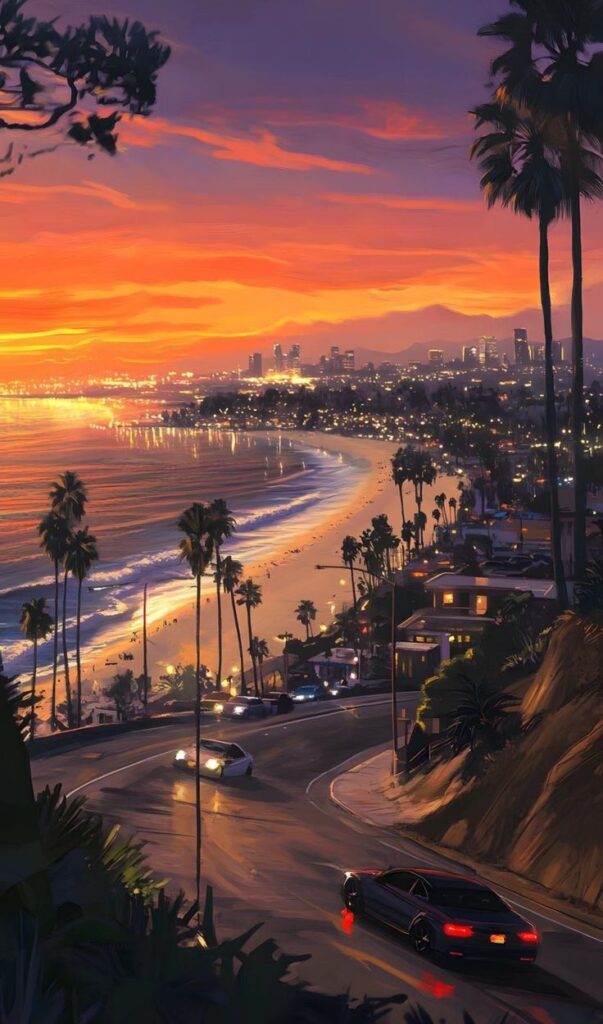Sunset view overlooking a coastal cityscape with palm trees and cars driving along the oceanfront road.