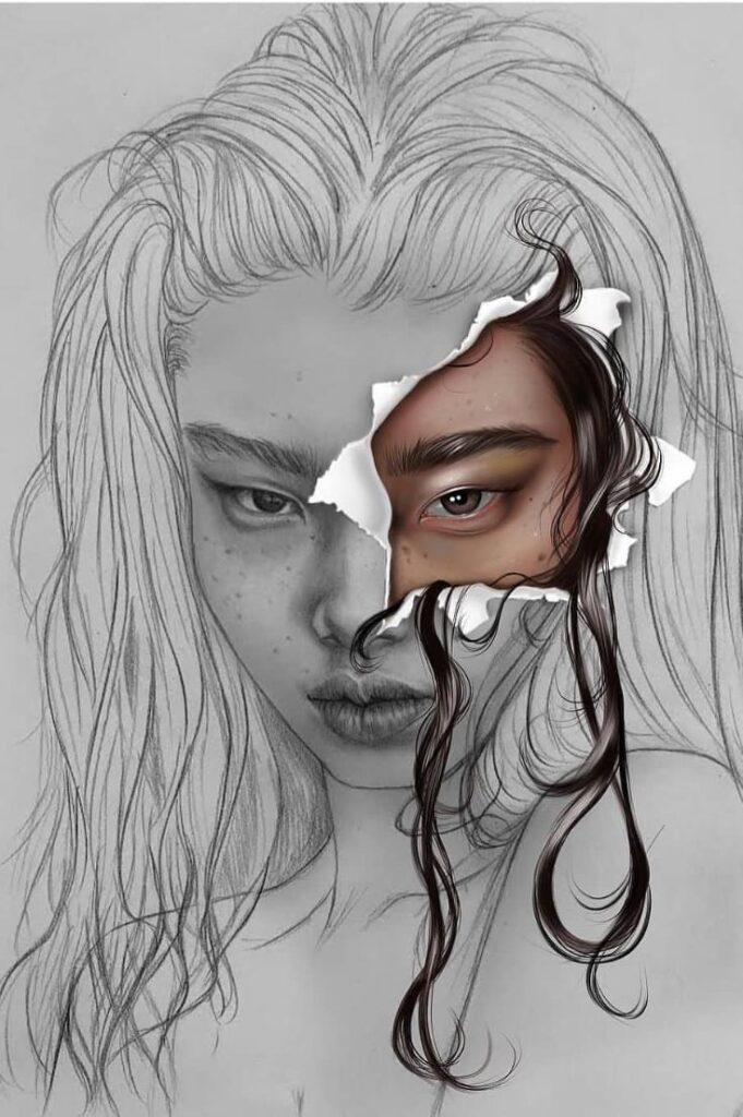 Surreal portrait art with torn paper effect revealing a realistic eye and hair through sketched face.