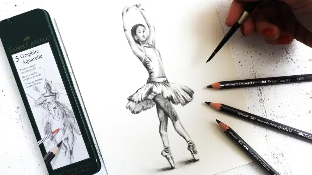 Graphite pencil drawing of a ballet dancer in progress, featuring Faber-Castell materials and artistic tools.