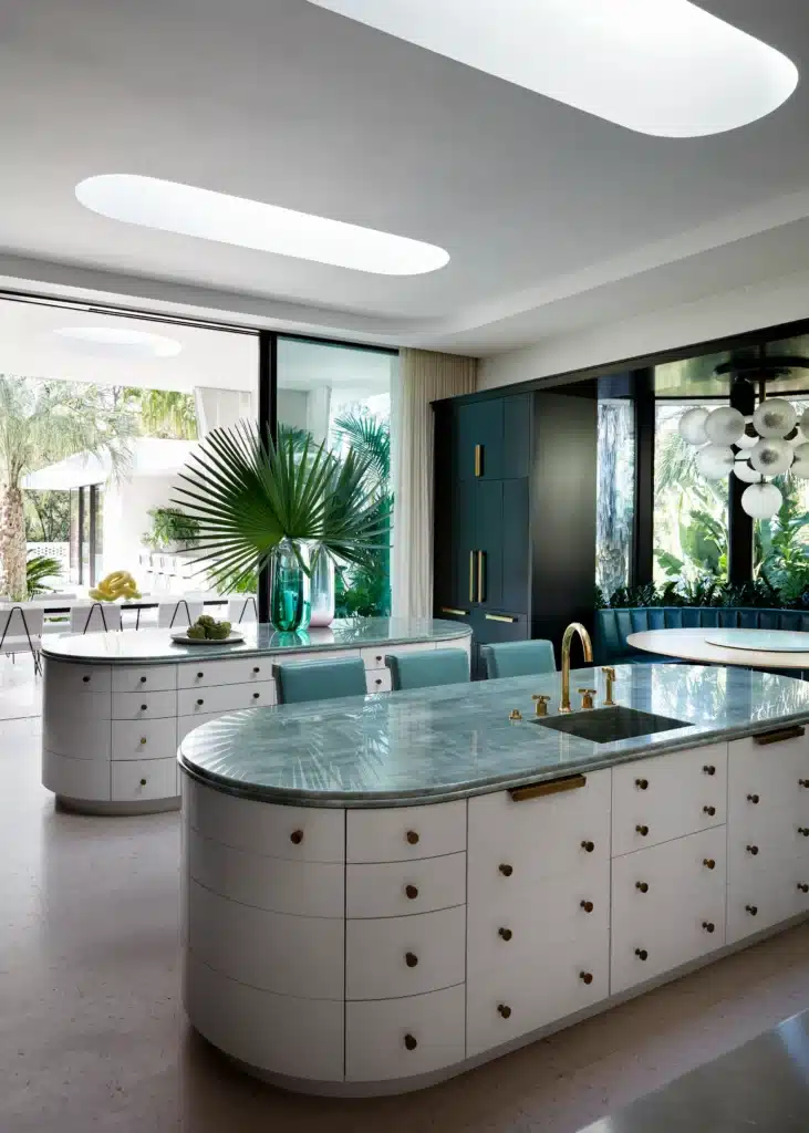 Modern kitchen with curved island, marble countertop, teal chairs, and large windows revealing lush greenery.