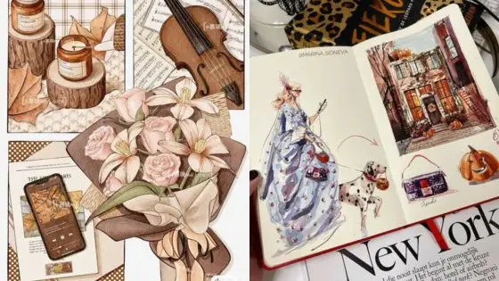 Aesthetic cover page ideas for your sketchbook Artistic collage with flowers, candles, and fashion sketches, capturing cozy autumn vibes with a nostalgic New York theme. | Sky Rye Design Artistic collage with flowers, candles, and fashion sketches, capturing cozy autumn vibes with a nostalgic New York theme.