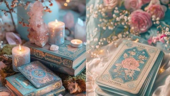 Afraid of in Psychic Readings Vintage tarot cards and ornate books with candles and roses, creating a mystical and enchanting atmosphere. | Sky Rye Design Vintage tarot cards and ornate books with candles and roses, creating a mystical and enchanting atmosphere.
