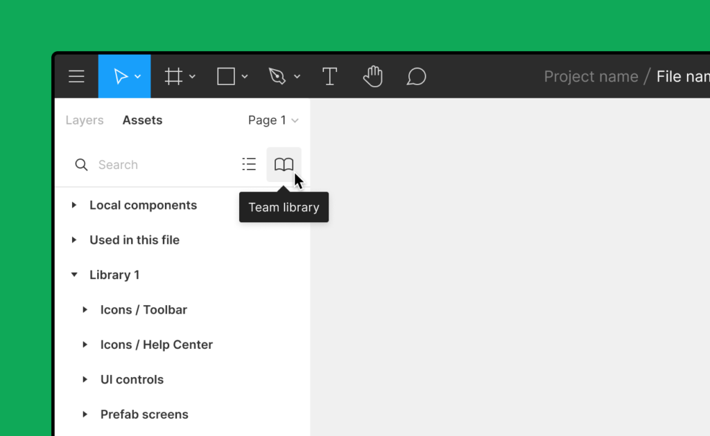 Software UI showing team library tab navigation in design tool with local components and library files.