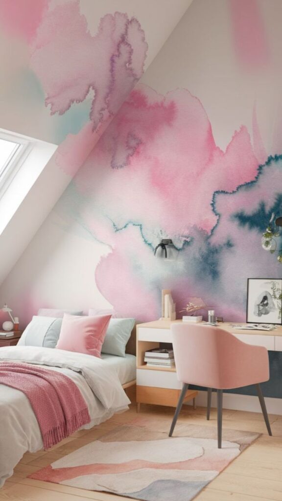 Modern bedroom with pastel watercolor wall art, pink chair, and cozy bedding under a skylight.