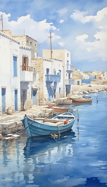 Watercolor painting of boats on a tranquil Mediterranean village canal with white buildings and a clear blue sky.