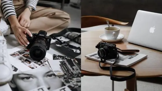 Best cameras for beginners Cameras on a table with a laptop, coffee, and black-and-white photos; creative workspace concept. | Sky Rye Design Cameras on a table with a laptop, coffee, and black-and-white photos; creative workspace concept.