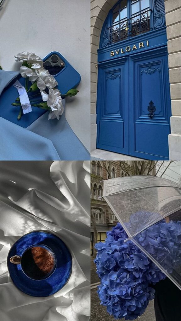 Blue accents: flowers with phone, BVLGARI door, coffee cup, hydrangeas under umbrella. Elegant, stylish charm.