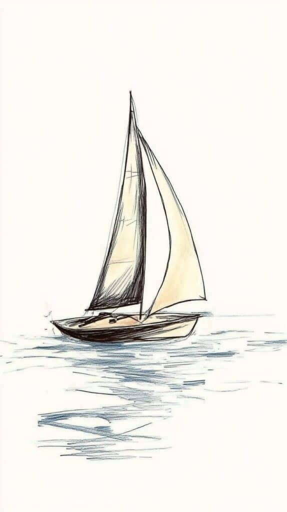 Illustration of a sailboat on water, depicting a serene maritime scene with calm waves and clear skies.
