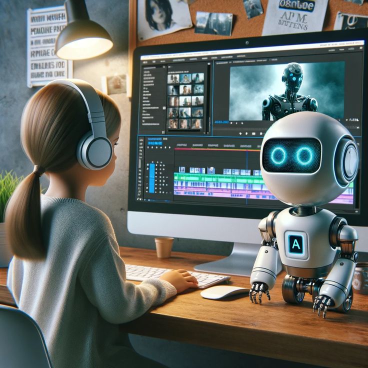 Girl editing video with futuristic robot assistant on a computer, wearing headphones, in a creative workspace.