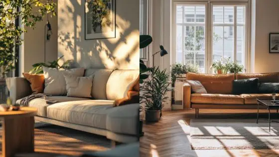 Budget-Friendly Home Makeovers Cozy living room with sunlight, modern furniture, and lush indoor plants, creating a warm and inviting atmosphere. | Sky Rye Design Cozy living room with sunlight, modern furniture, and lush indoor plants, creating a warm and inviting atmosphere.