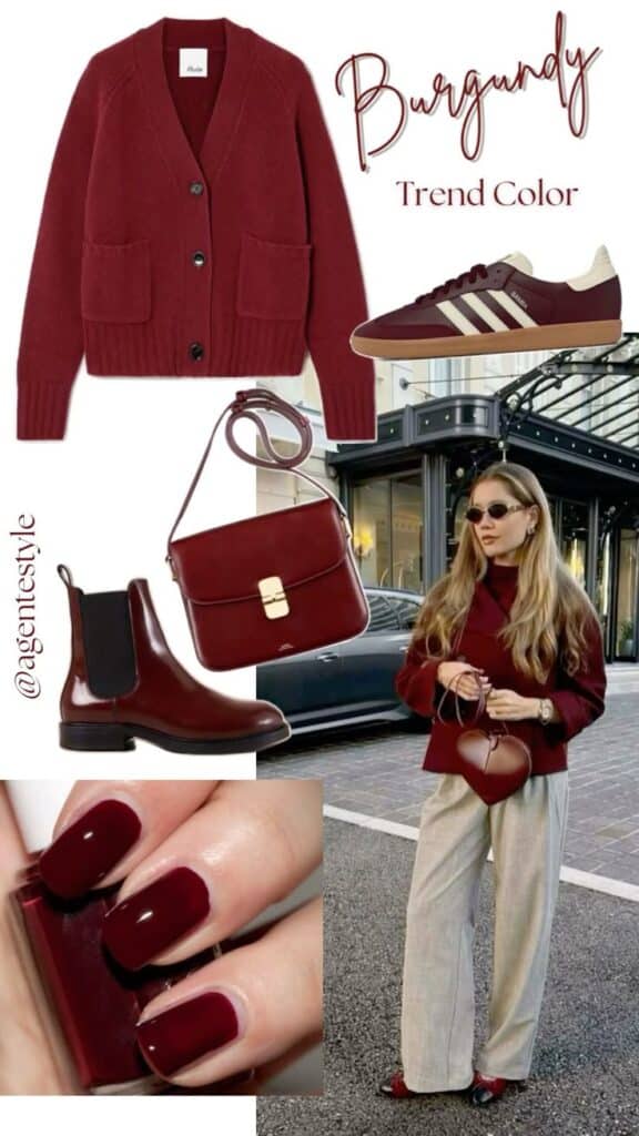 Burgundy fashion collage featuring cardigan, shoes, bag, nails, and outfit inspiration for the trend color.