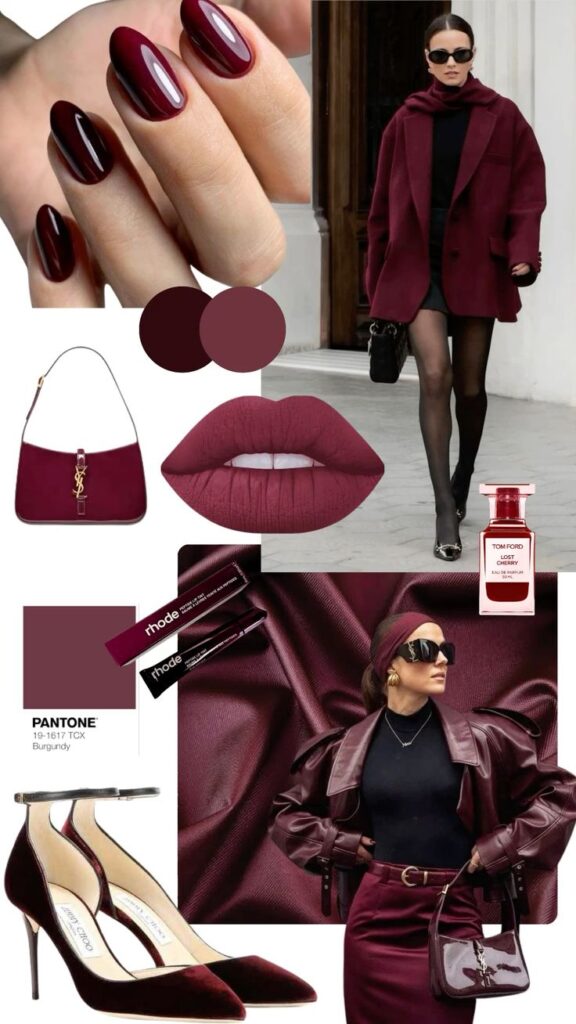Stylish burgundy fashion pieces: nails, outfit, accessories for a chic autumn look. Includes lipstick, heels, and handbag.