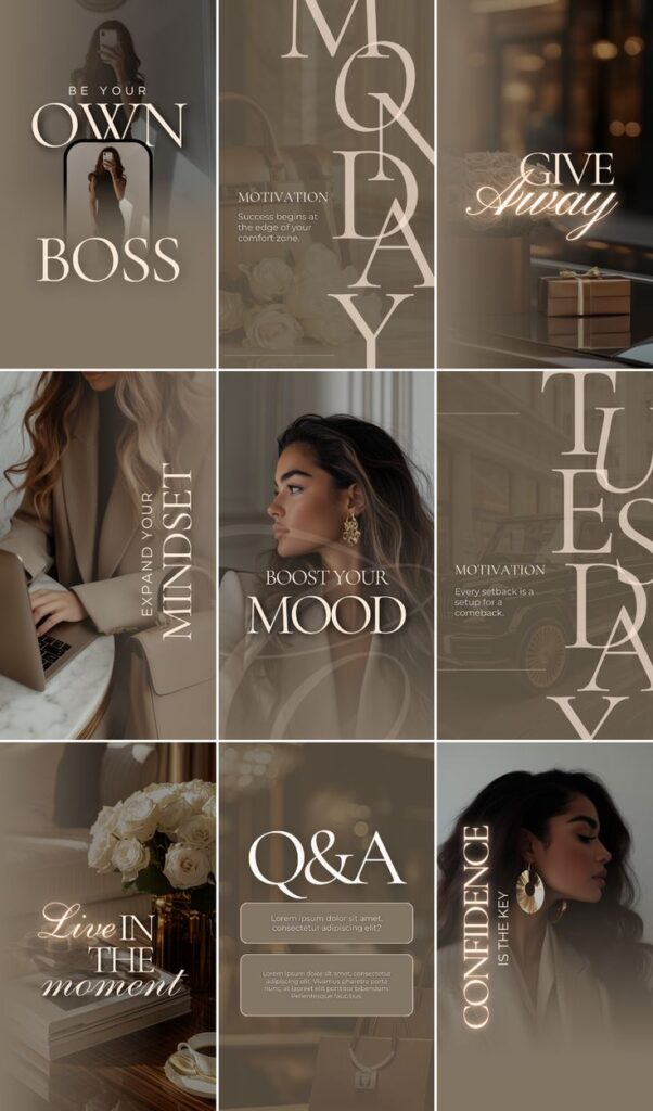 Collage with motivational quotes, modern typography, and stylish images focusing on mindset, mood, and confidence.