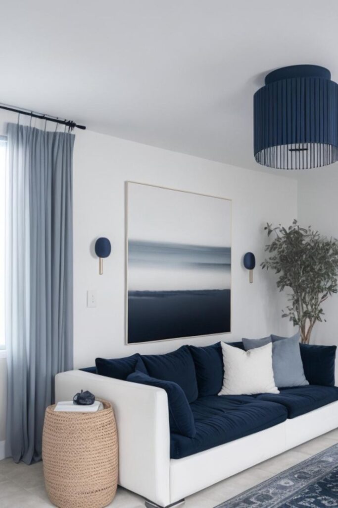 Modern living room with navy accents, white sofa, abstract artwork, and blue pendant light. Cozy and stylish interior design.