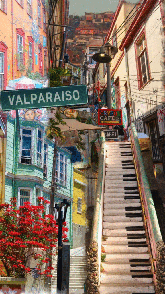 Chile 2 Colorful Valparaiso street with vibrant murals and piano stairs, highlighting urban art and culture. | Sky Rye Design Colorful Valparaiso street with vibrant murals and piano stairs, highlighting urban art and culture.