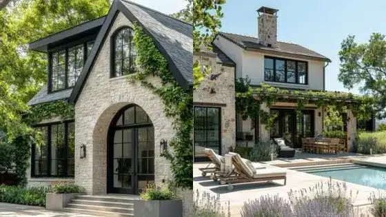 Choosing the Top Roofing Company in Lawndale California Charming stone house with lush greenery and modern patio area by the pool under a clear blue sky. | Sky Rye Design Charming stone house with lush greenery and modern patio area by the pool under a clear blue sky.