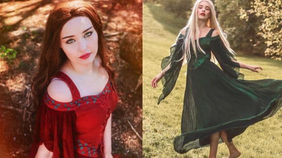 Comfort and Flexibility Why a Dress is the Most Practical Renaissance Fair Costume Two women in fantasy outfits, one in red, the other in green, depicted outdoors in a sunny, natural setting. | Sky Rye Design Two women in fantasy outfits, one in red, the other in green, depicted outdoors in a sunny, natural setting.