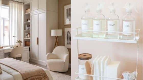 Convenience in Cleaning Ensuring Freedom and Mobility DIY Delights Cozy bedroom with modern decor and cleaning products on a shelf, featuring neutral tones and soft lighting. | Sky Rye Design Cozy bedroom with modern decor and cleaning products on a shelf, featuring neutral tones and soft lighting.