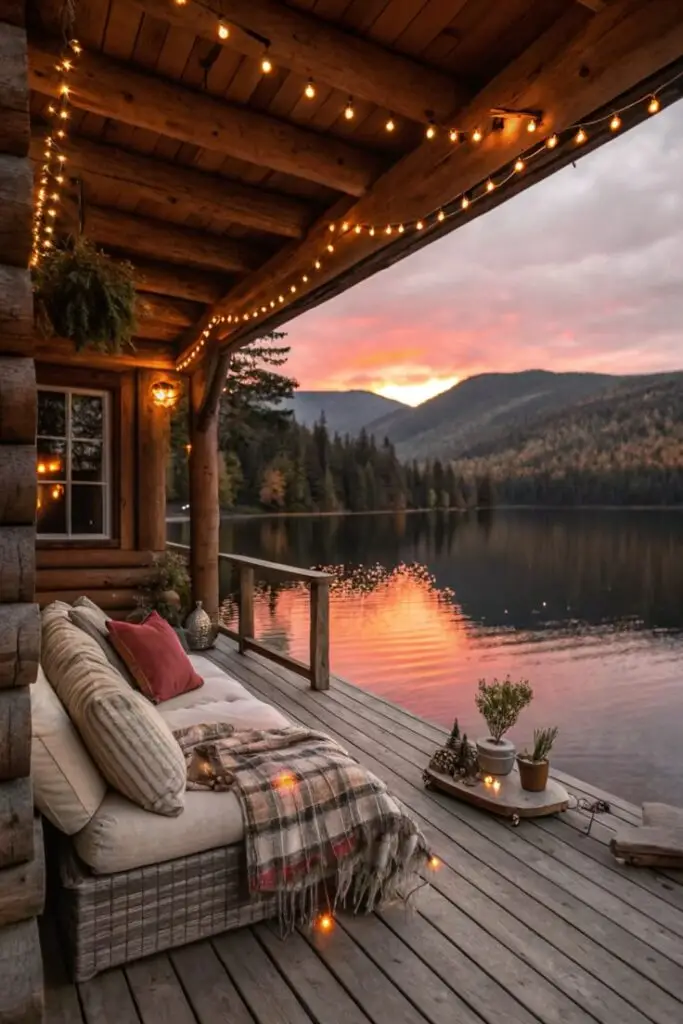 Cozy Lakeside Sunset Vibes 🛋️ Cozy lakeside cabin deck with string lights at sunset, featuring a comfy daybed and scenic mountain views. | Sky Rye Design Cozy lakeside cabin deck with string lights at sunset, featuring a comfy daybed and scenic mountain views.