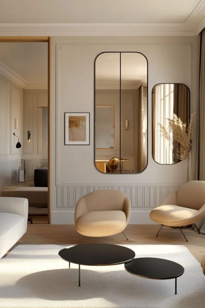 Stylish modern living room with beige chairs, wall mirrors, and round black coffee tables on a light carpet.