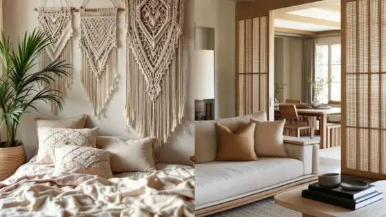 Creative Ideas for Covering Your Damaged Wall Without Paint Cozy boho bedroom and living room with macramé, earthy tones, and wooden decor for a warm, inviting atmosphere. | Sky Rye Design Cozy boho bedroom and living room with macramé, earthy tones, and wooden decor for a warm, inviting atmosphere.